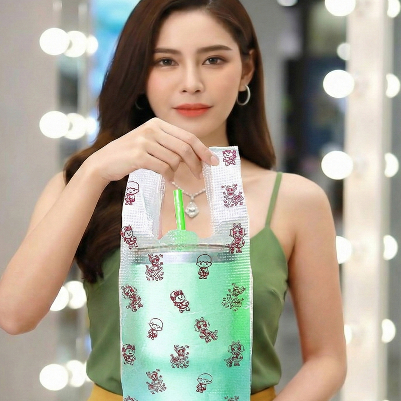 ตราเด็กดีถุงหิ้วใสใส่แก้วน้ำพิมพ์ลายสีแดงขนาดแก้ว32ออนซ์บรรจุ1ห่อ/100ใบ