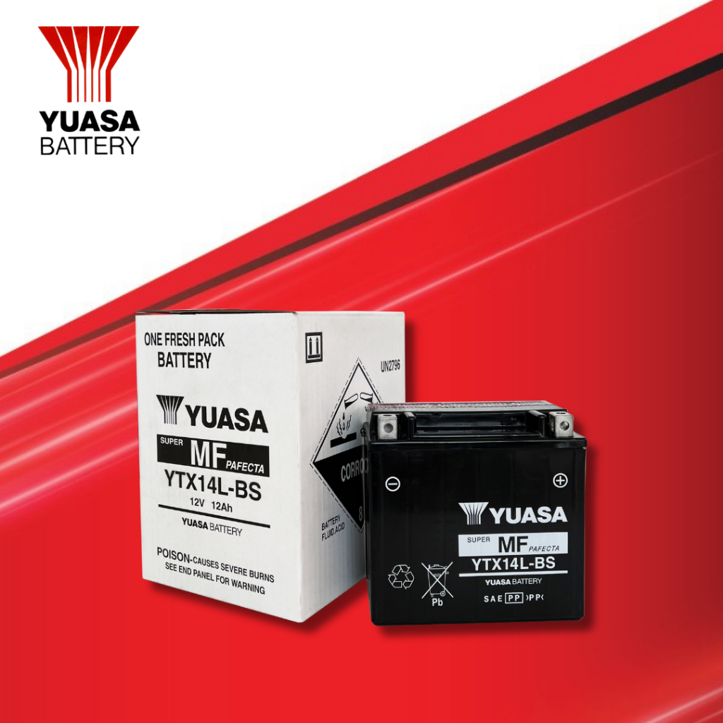 YUASA รุ่น YTX14L-BS ขนาด 12V  แบตเตอรี่มอเตอร์ไซค์แบบแยกน้ำ 12.0Ah