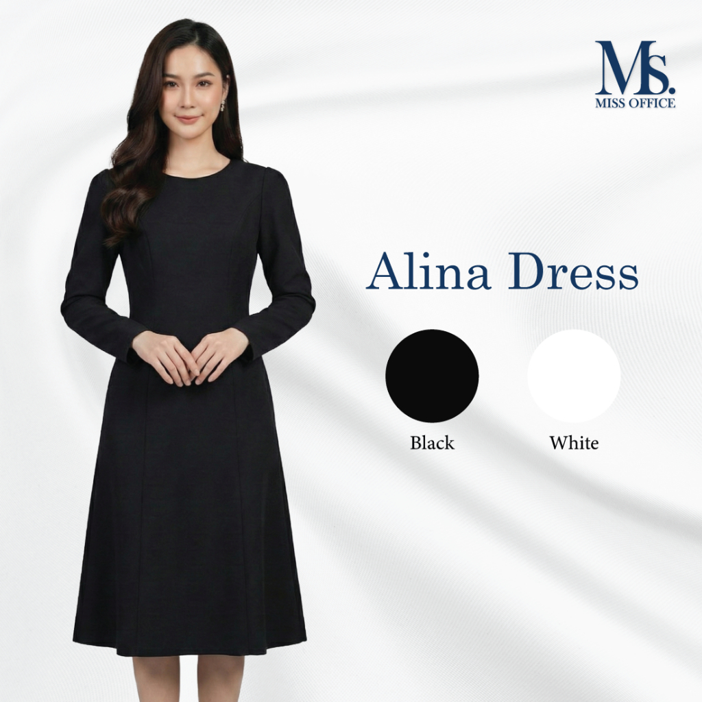Miss Office เดรสคอกลมแขนยาวจับจีบไหล่ (Alina Dress) (MD-126)