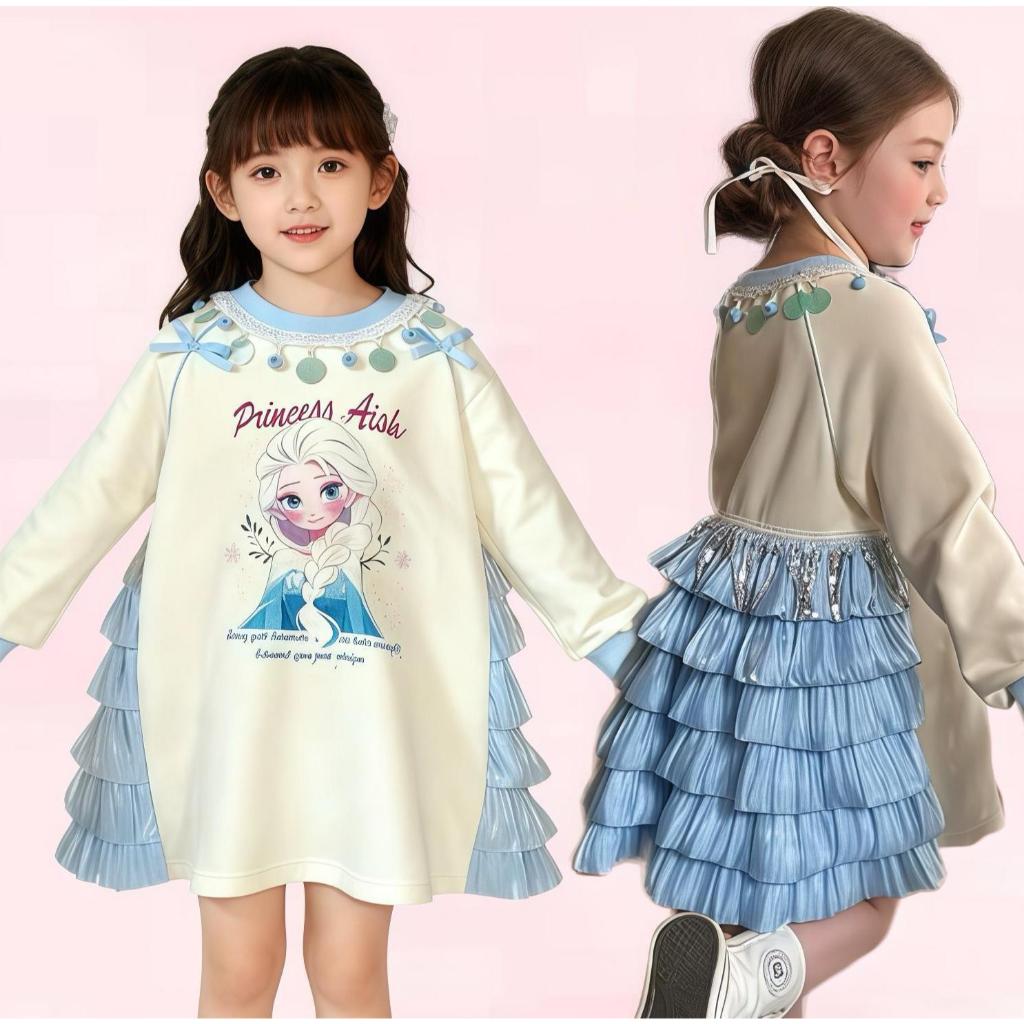 BB155 ชุดเดรสลูกสาว กันหนาวได้ ผ้าหนานุ่ม แขนยาว งานปัก แต่งระบายสีฟ้า น่ารักมากกก