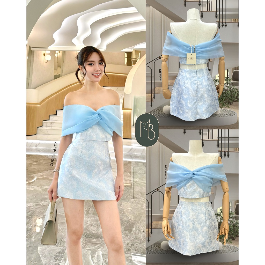 MABEL BRAND B-5772 ชุดเซต เสื้อปาดไหล่แต่งระบายผ้าชีฟอง แมทช์ กระโปรงเอวสูง