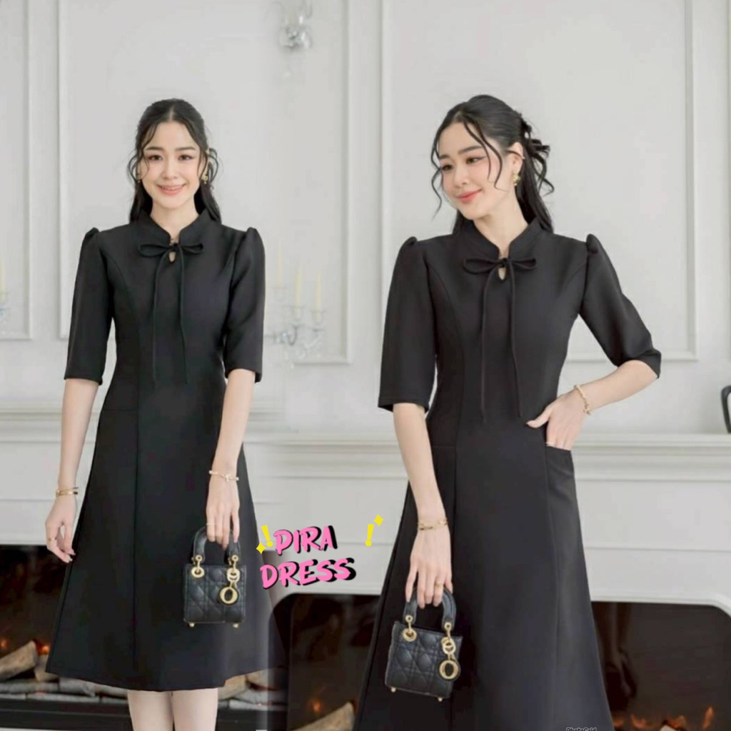 PIRA DRES เดรสผ้าฟลอร่า สีดำ งานอัดกาวทั้งชุด