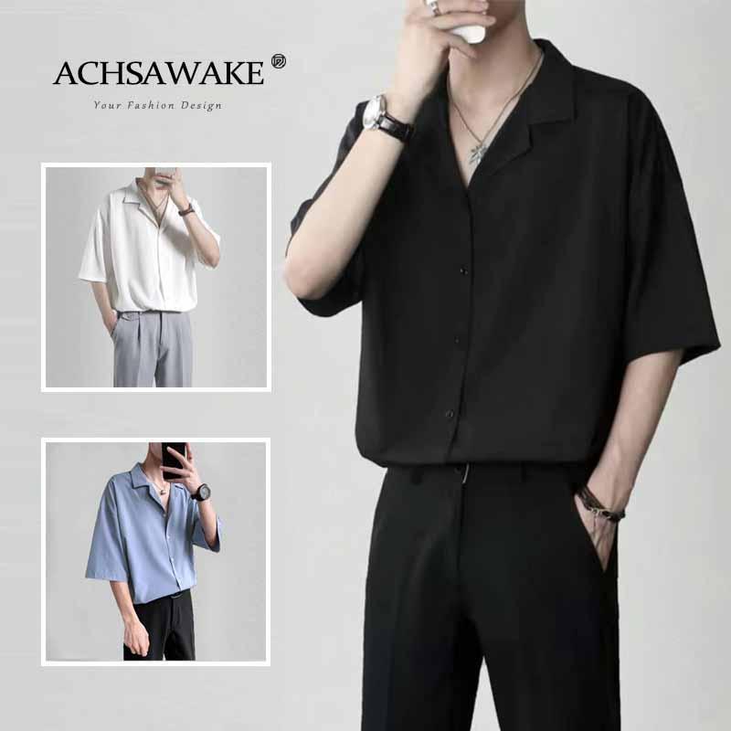 ACHSAWAKE เสื้อเชิ้ตผู้ชาย ทรงหลวม แขนสั้น เทรนด์ผ้าไหมน้ำแข็งขั้นสูง