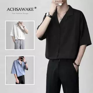 ACHSAWAKE เสื้อเชิ้ตผู้ชาย ทรงหลวม แขนสั้น เทรนด์ผ้าไหมน้ำแข็งขั้นสูง