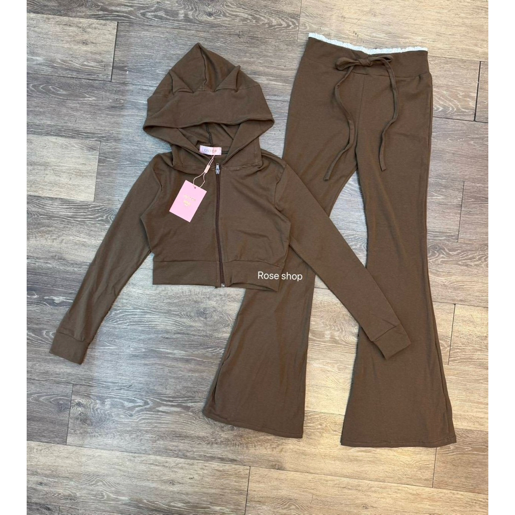 เซท 2 ชิ้น เสื้อครอปแต่งหูน้อลแมว (แมวน้อย)มีซิปหน้า กางเกงขาม้าเอวแต่งขอบลูกไม้สุดฮิต - รูปที่ 6