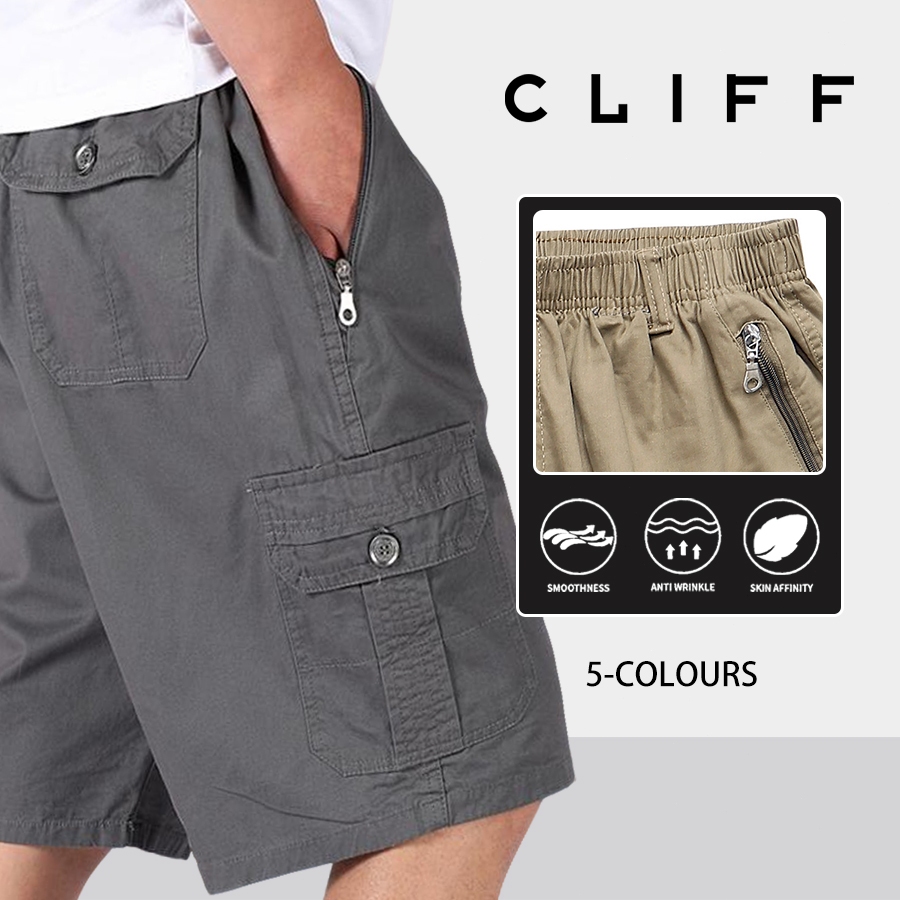 CLIFF กางเกงขาสั้นคาร์โก้ผู้ชาย ผ้าฝ้ายทอลายทแยง พร้อมกระเป๋าซิป (L-5XL) ระบายอากาศได้