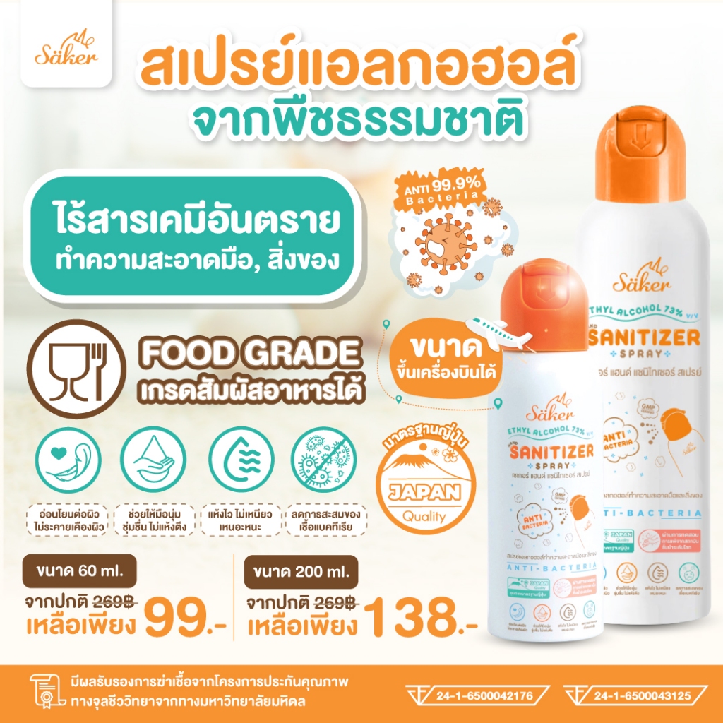 Saker สเปรย์แอลกอฮอล์จากพืชธรรมชาติ ฟู้ดเกรด เกรดสัมผัสอาหารได้ มาตรฐานญี่ปุ่นอันดับ1