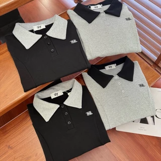 SISSY : เสื้อแขนยาวคอปกทูโทน (S-XXL) ชายโค้ง ผ้านุ่มยืดแน่นใส่สบาย แต่งลายเส้นใส่แล้วหุ่นสับเอวคอด