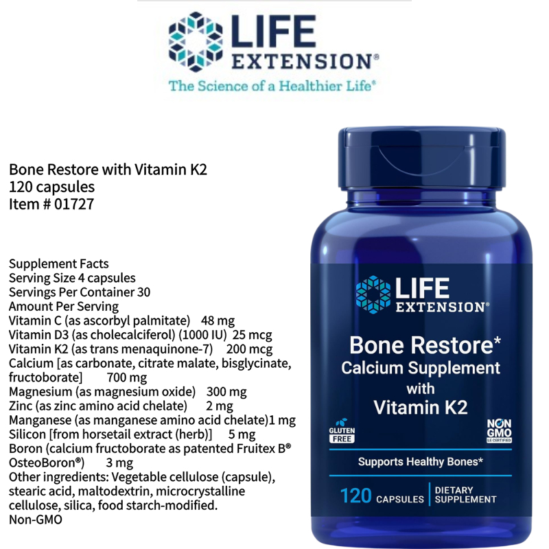 LE Bone Restore with Vitamin K2 calcium + vitamins D & K for bone strength, bone density 120capsules