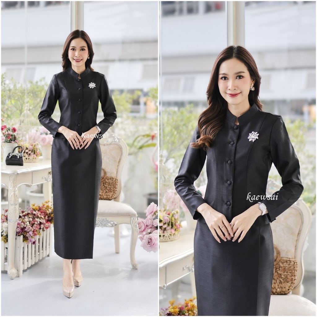 (ขายแยกเสื้อ-ผ้าถุง) ชุดไทยจิตรลดาสีดำ ผ้าไหมสี่เส้น ผ้าไม่ยืด วัด อก เอว แล้วพอดีไปเผื่อ 1-2นิ้ว