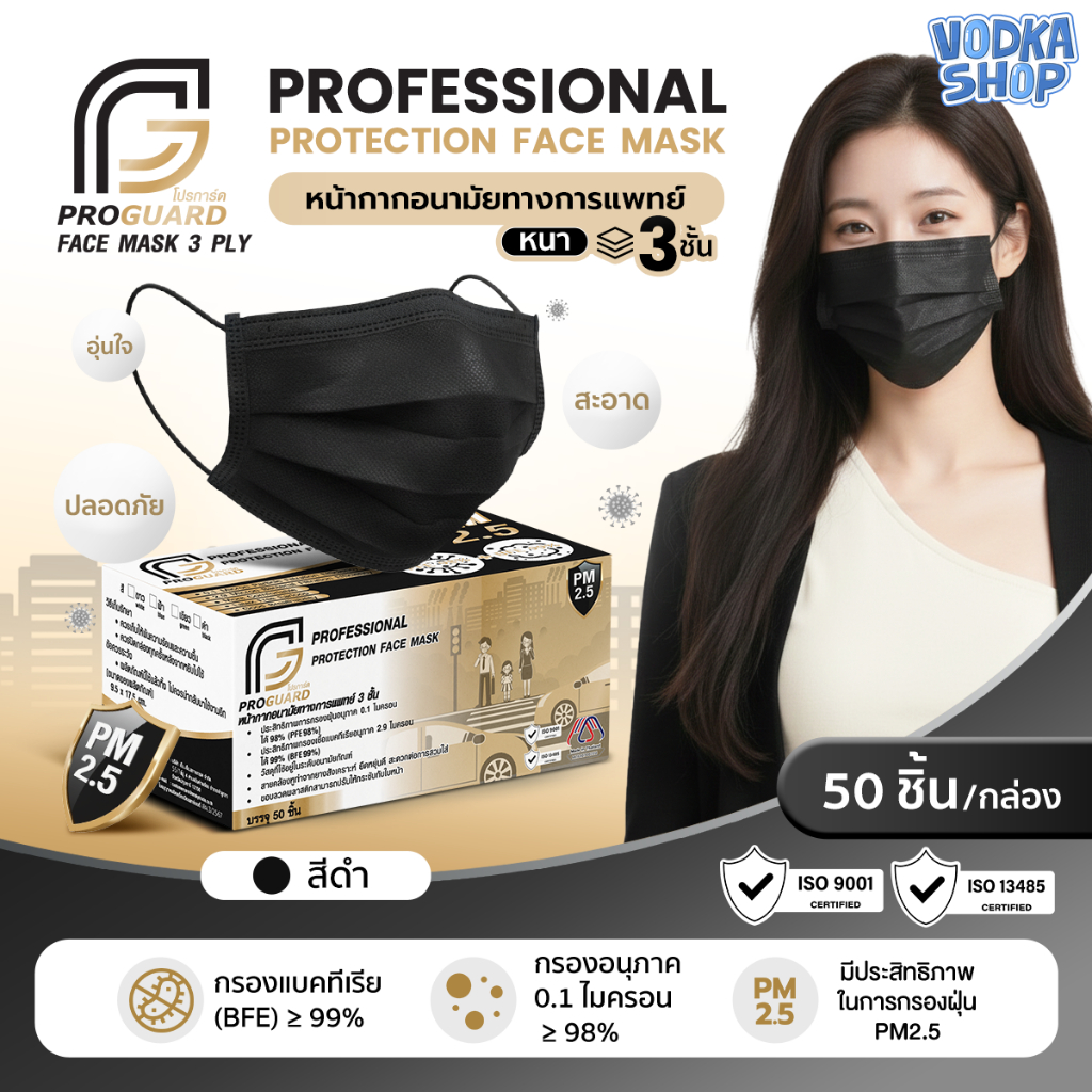 แมสสีดํา แมสดํา PROGUARD หน้ากากอนามัยทางการแพทย์ ชนิดหนาพิเศษ หน้ากากป้องกันฝุ่น PM2.5 50ชิ้น/กล่อง