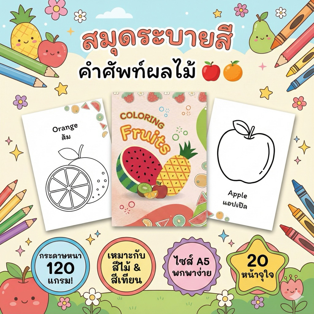 สมุดระบายสีสำหรับเด็ก ขนาด A5 หมวด Fruits ผลไม้