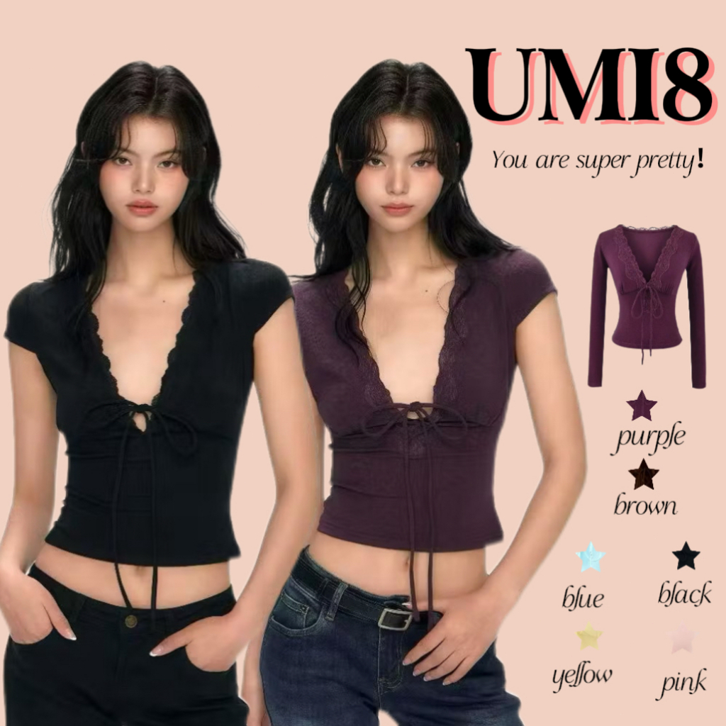 UMI8💝【ในสต็อก】💝เสื้อยืดคอวีแขนสั้นผ้าลูกไม้ยืดเซ็กซี่ฤดูร้อนปี 2025/เสื้อแขนยาว