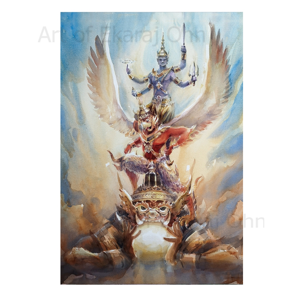 งานพิมพ์บนผ้าใบ Canvas พระนารายณ์ทรงครุฑสยบราหู Conquering Rahu