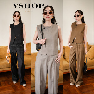 Set เสื้อกั๊กผ้าสูทกระดุมเดียวชายไขว้ + กก.ขายาว ตีเกร็ดหน้า…