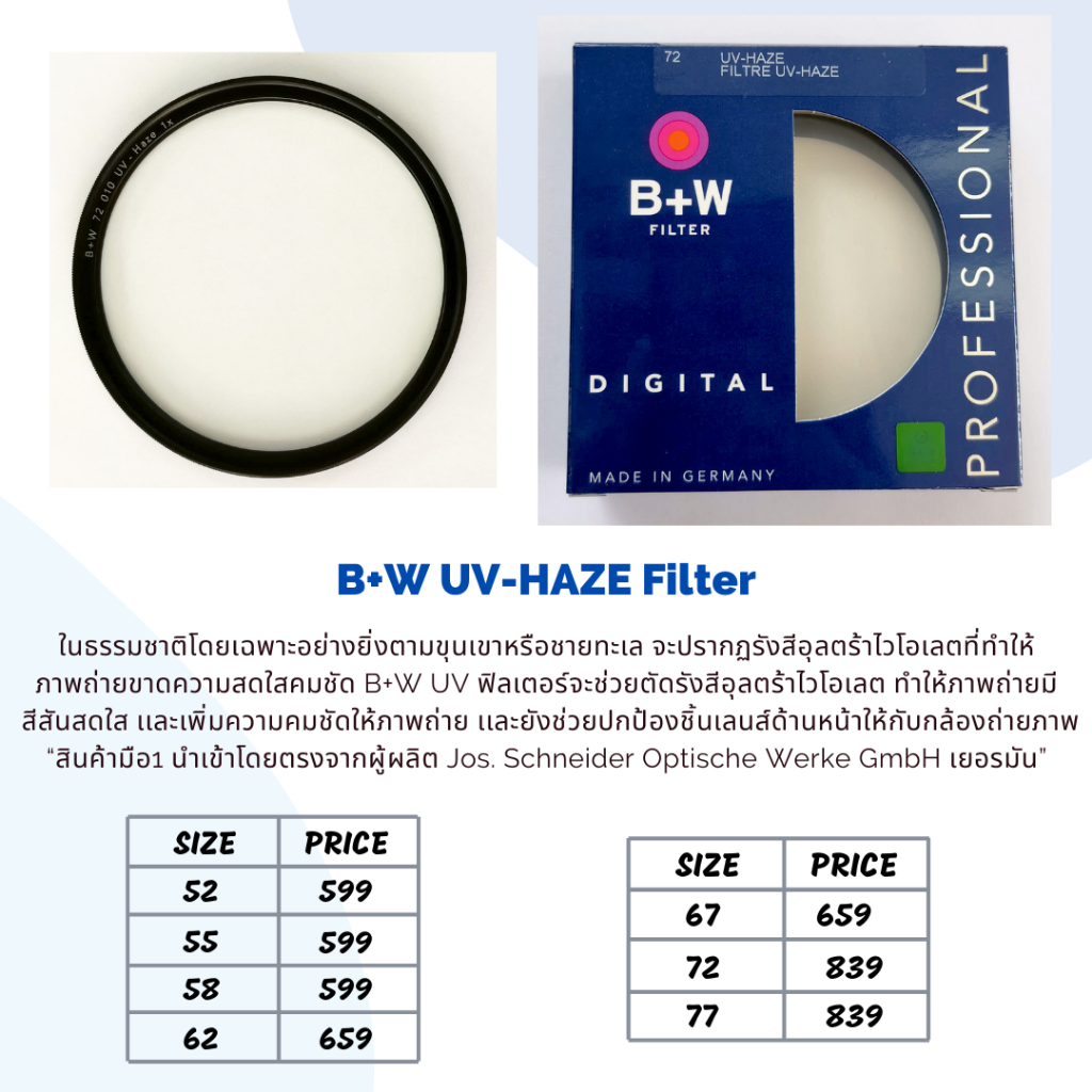 B+W UV HAZE filter ของแท้ ขนาด 52-77 mm