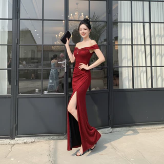 แม็กซี่เดรส กลิตเตอร์ เปิดไหล่ ผ้าสตาร์แกลมเมอร์ วิบวับ ผ่าหน้าข้างซ้าย เซ็กซี่ ชุดปีใหม่ หรูหรา ทรงเข้ารูป #1452