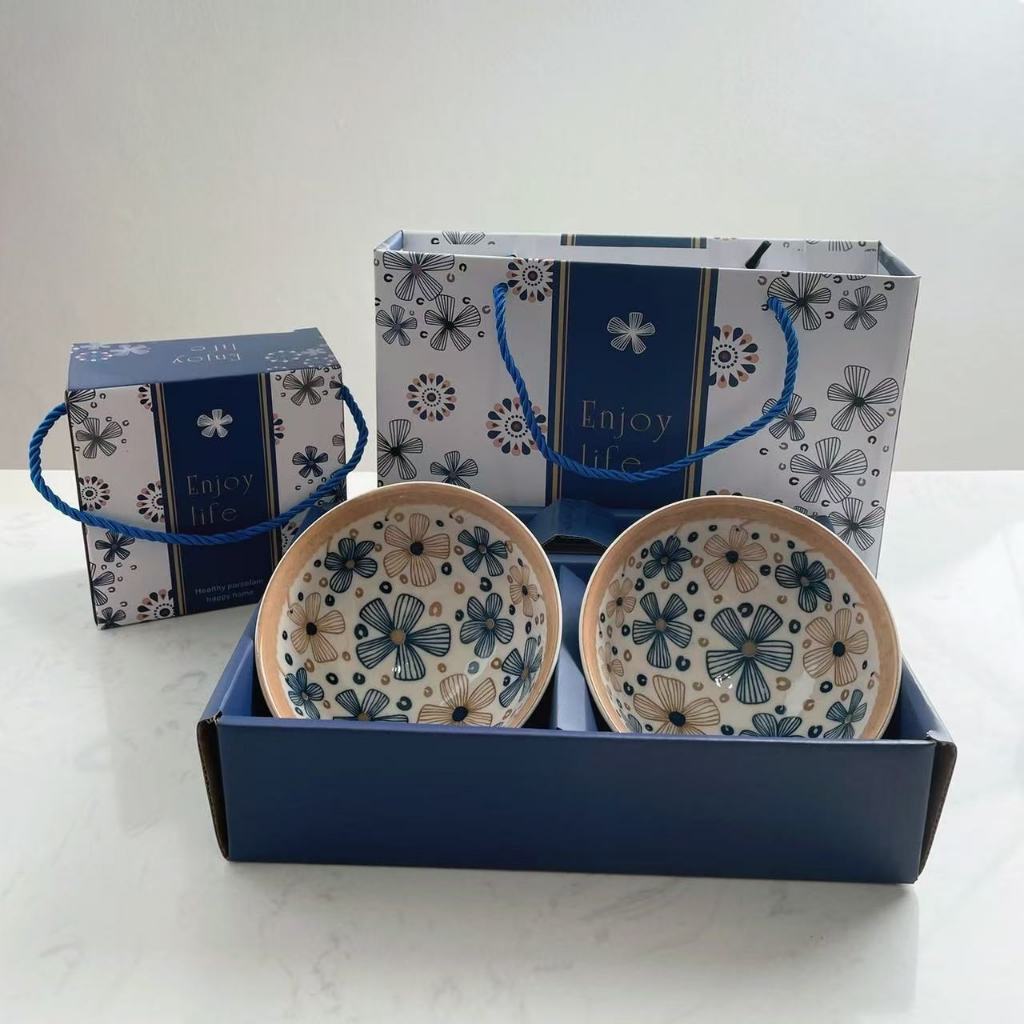 ชุดรับไหว้ ชุดของขวัญ ถ้วย2ใบ ตะเกียบ2คู่ Blue-White