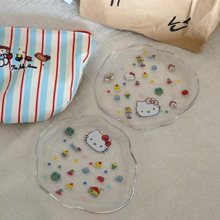 จานแก้ว จานขนม ลายการ์ตูนคิตตี้ น่ารัก ใส่ขนมเค้ก คุกกี้ ขนาด 15 ซม พร้อมส่ง