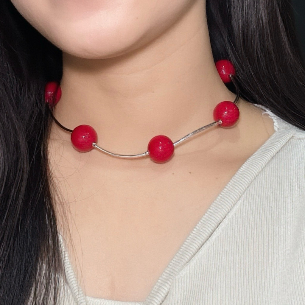 Sebofficial | สร้อยคอ สร้อยลูกปัดอะคลิลิคเม็ดใหญ่ สี Cherry red Necklace (อะไหล่สแตนเลส)