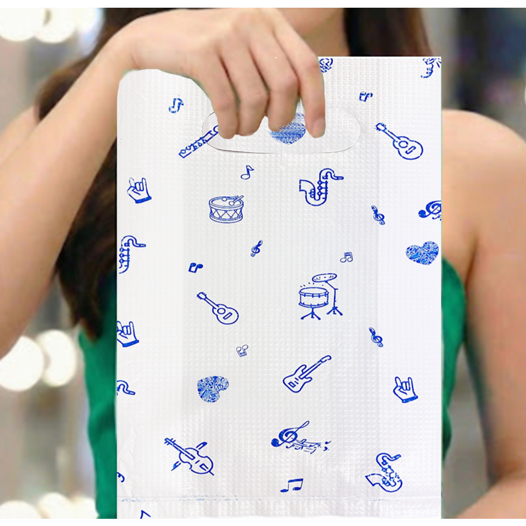 ถุงบูติคขนาด5+1x9หนา.06มิลเนื้อถุงขาวพิมพ์ลายจำนวน1มัด/10ห่อ/50ใบ