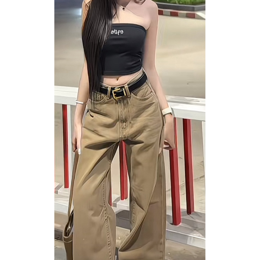 ส่งต่อ - Mable Baggy Jeans กาง เกงยีนส์ขากระบอกใหญ่ Baggy Jeans ยีนส์น้ำตาล ผ้ายีนส์แท้ไม่ยืด  M