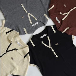 Kyler top เสื้อกุ้นไหมพรมคอปก (ผ้าไหมพรม) งานติดอะไหล่ Size M,L AOMMKOSHOP - S103