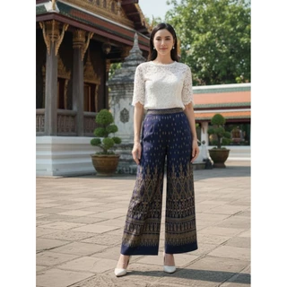 กางเกงผ้าฝ้ายพิมพ์ลายไทย เอวยืด ไม่มีซิบ ผ้าฝ้ายเชียงใหม่ M L Xl