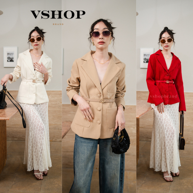 พร้อมส่ง เสื้อสูทแขนยาวผ้าวิ้งกระเป๋าอก+เข็มขัด งานป้ายvshopbrand