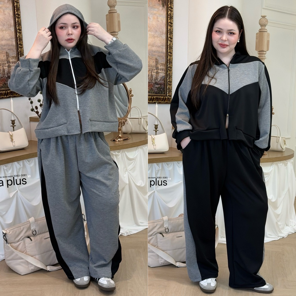 /LD/ ชุดเซ็ตวอร์ม เสื้อฮู้ดซิปหน้า+กางเกงยาว แต่งตัดสีทูโทน Airport Look สายชิลล์ สายสปอร์ต #เสื้อผ้