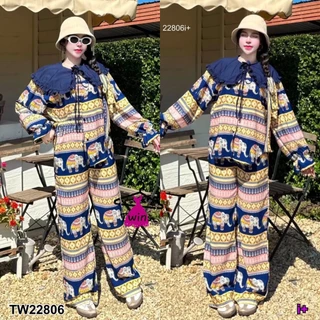 Set 3 ชิ้น เสื้อช้างปกใหญ่ แขนพอง + กางเกงช้างขายาว กับ สายผูก TT22806
