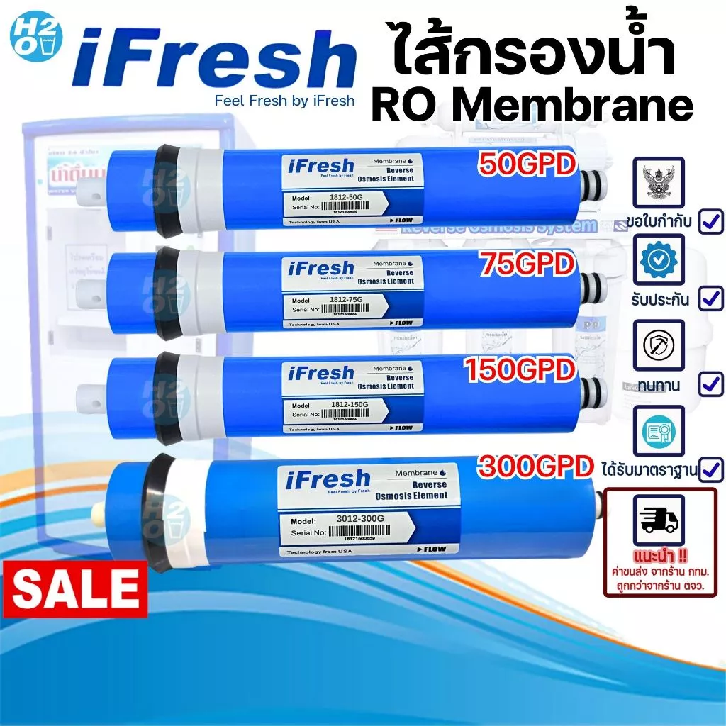 iFresh ไส้กรองน้ำ ไส้กรองเมมเบรน RO Membrane 50 75 150 300 GPD เครื่องกรองน้ำ ตู้น้ำหยอดเหรียญ