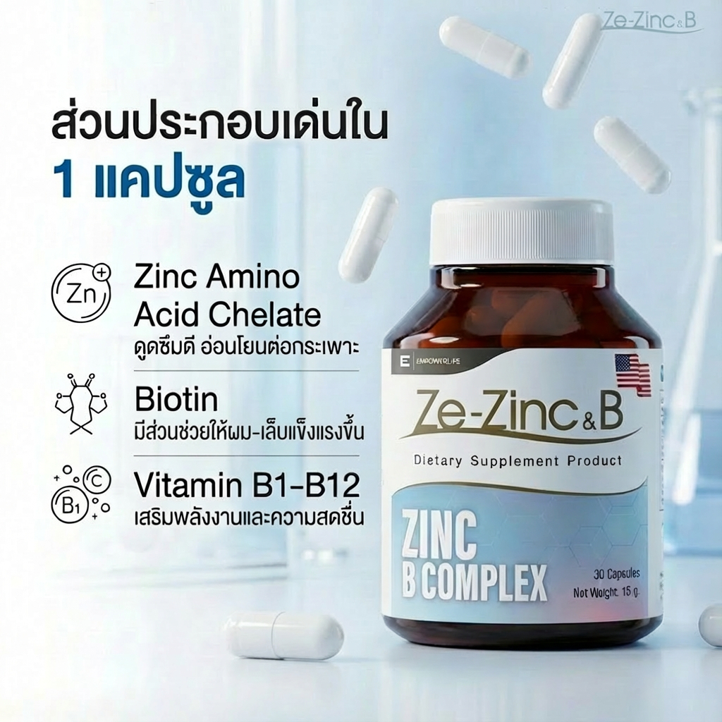 Ze-Zinc&B ซิงค์ดูดซึมดี 15mg | ช่วยคุมมัน สิว | มี Biotin บำรุงผม–เล็บ | สูตรอ่อนโยน ไม่แสบท้อง - รูปที่ 4