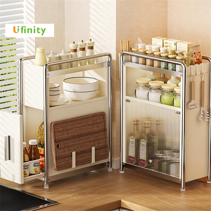 Lifinity 2/3 ชั้น ที่จัดเก็บเครื่องเทศทรงแคบ ตู้ตั้งเคาน์เตอร์มีฝาปิด วัสดุป้องกันสนิม โครงสร้างหลายระดับ