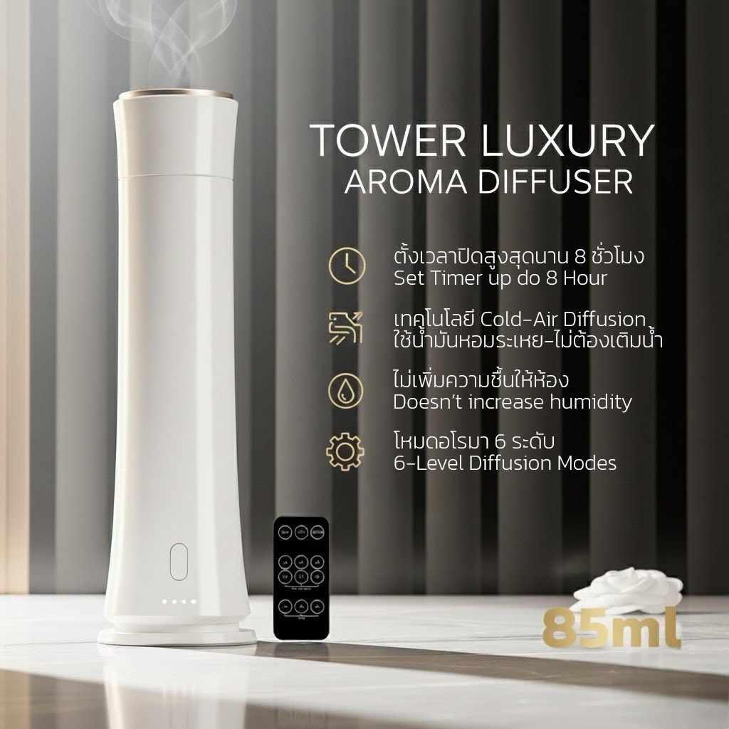 เครื่องพ่นอโรม่าTower Luxury รุ่นPD08W สีขาว Waterless Aroma Diffuser 85ml พ่นน้ำมันหอมระเหยน้ำหอม