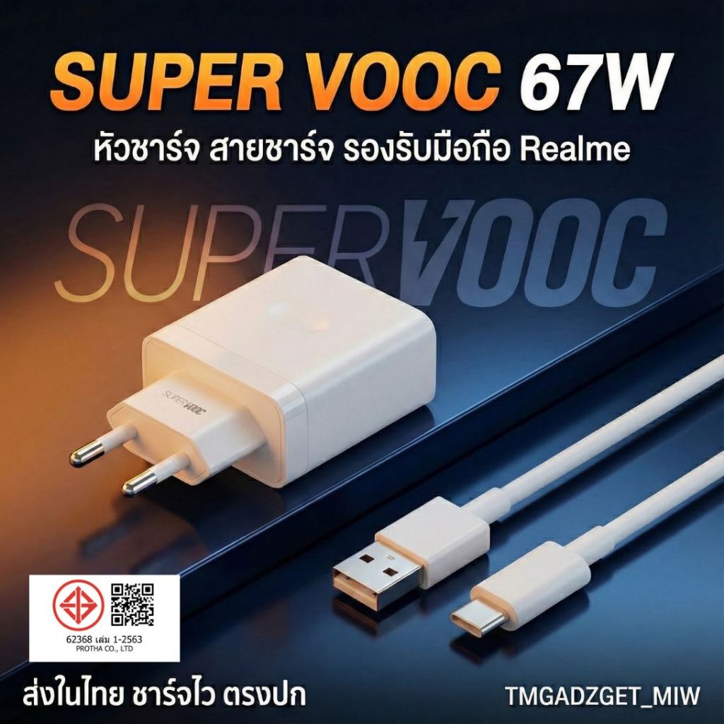 ส่งในไทย REALME 67W Super Fast Charger USB A ชาร์จไว SuperVOOC EU Plug Reno 10 Reno 8T A98