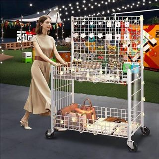 รถเข็นขายของพับได้ แบบพกพา มีล้อและตะขอแขวน แข็งแรง เคลื่อนย…