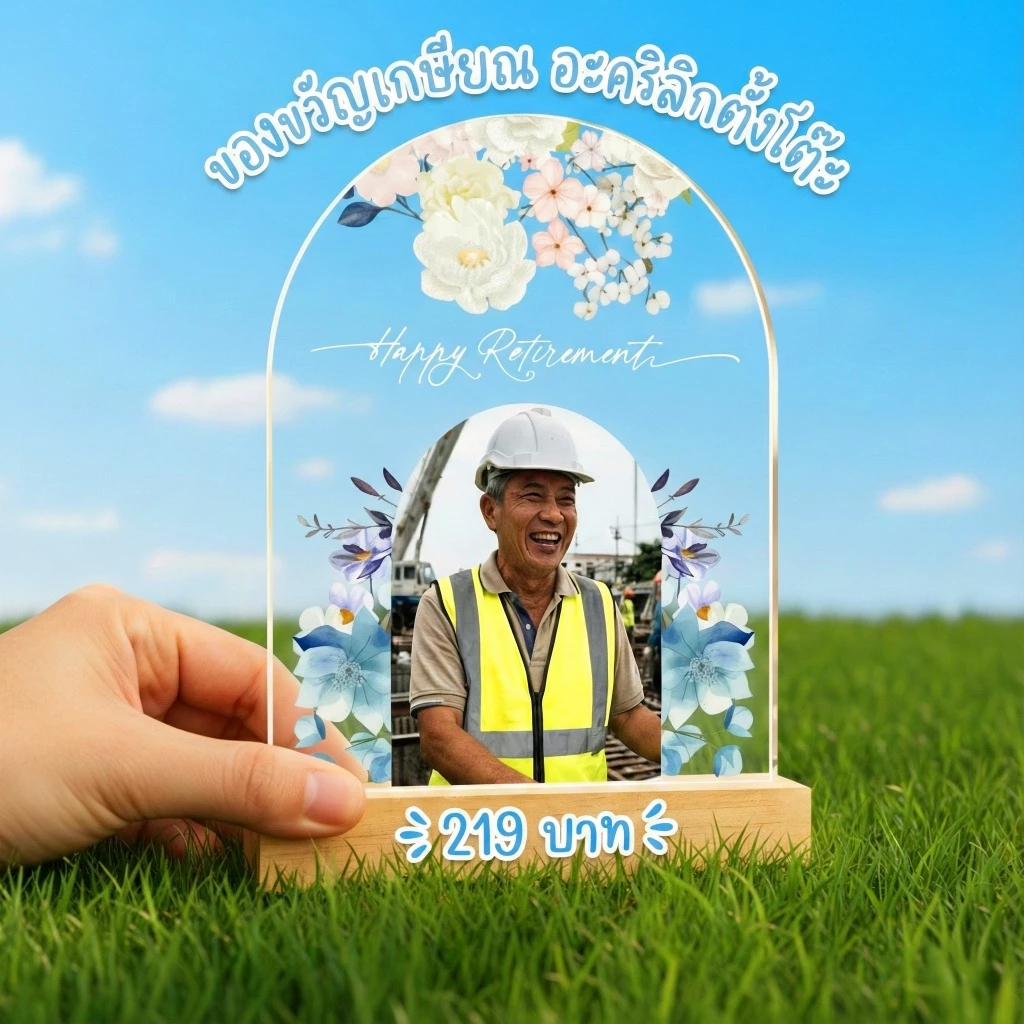 ป้ายอะคริลิกตั้งโต๊ะของขวัญเกษียณใส่รูปฐานไม้ Wanpises