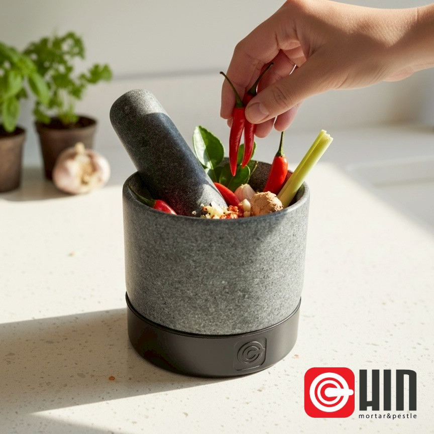 Hin Mortar Mini ขนาด 6 นิ้ว สีเข้มรุ่นใหม่ ครกหินพร้อมสาก ตัวผิวเรียบสวย ครกหินทันสมัย คริกหิน 6 นิ้ว