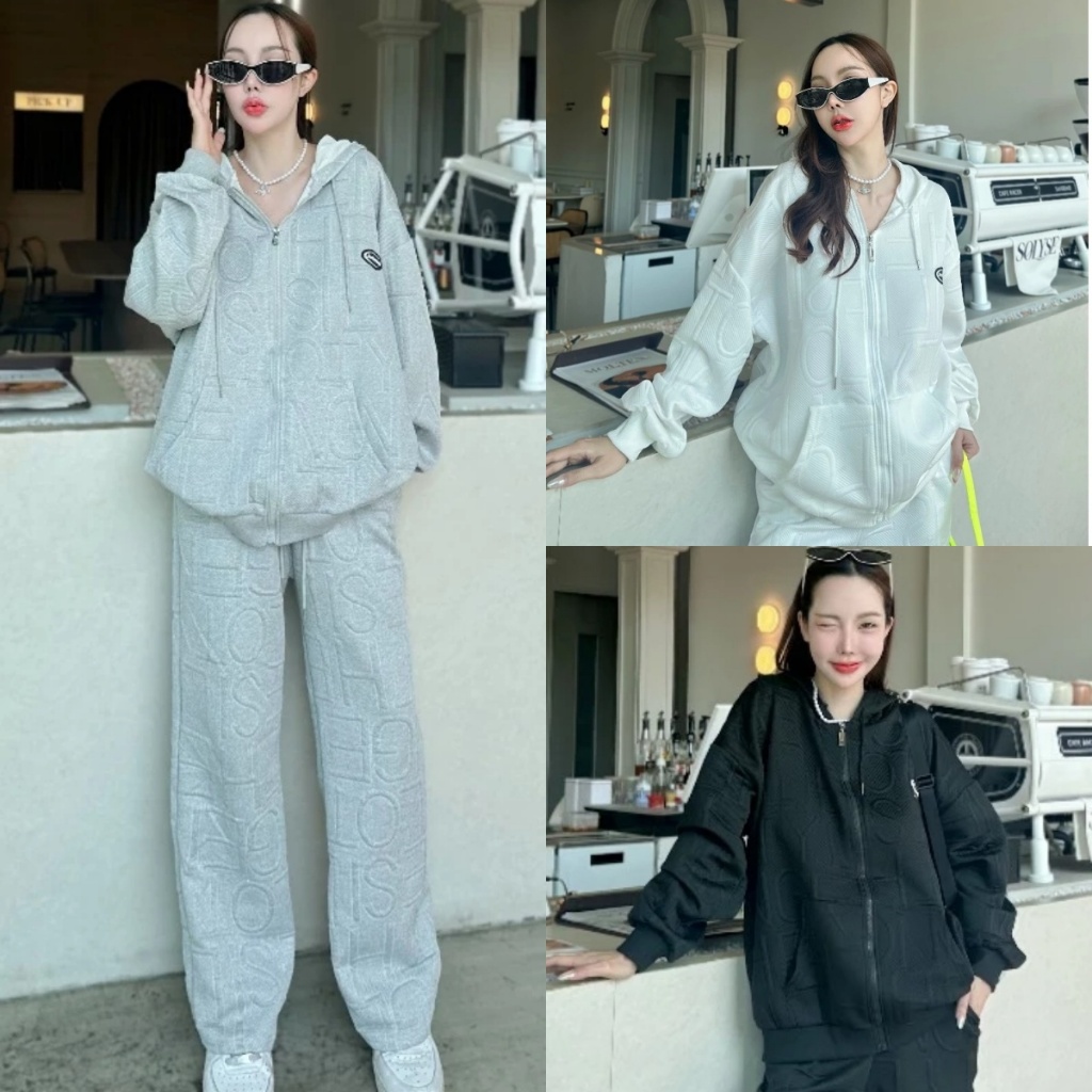 COD ชุดSet2ชิ้น ปั้มลายตัวอักษรนูน สไตล์เกาหลี ฮิปฮอป เสื้อแจ็คเก็ตผู้หญิง เสืhอแจ็คเก็ต เสื้อกันหนาวแขนยาวมีหมวก มีฮู้ด