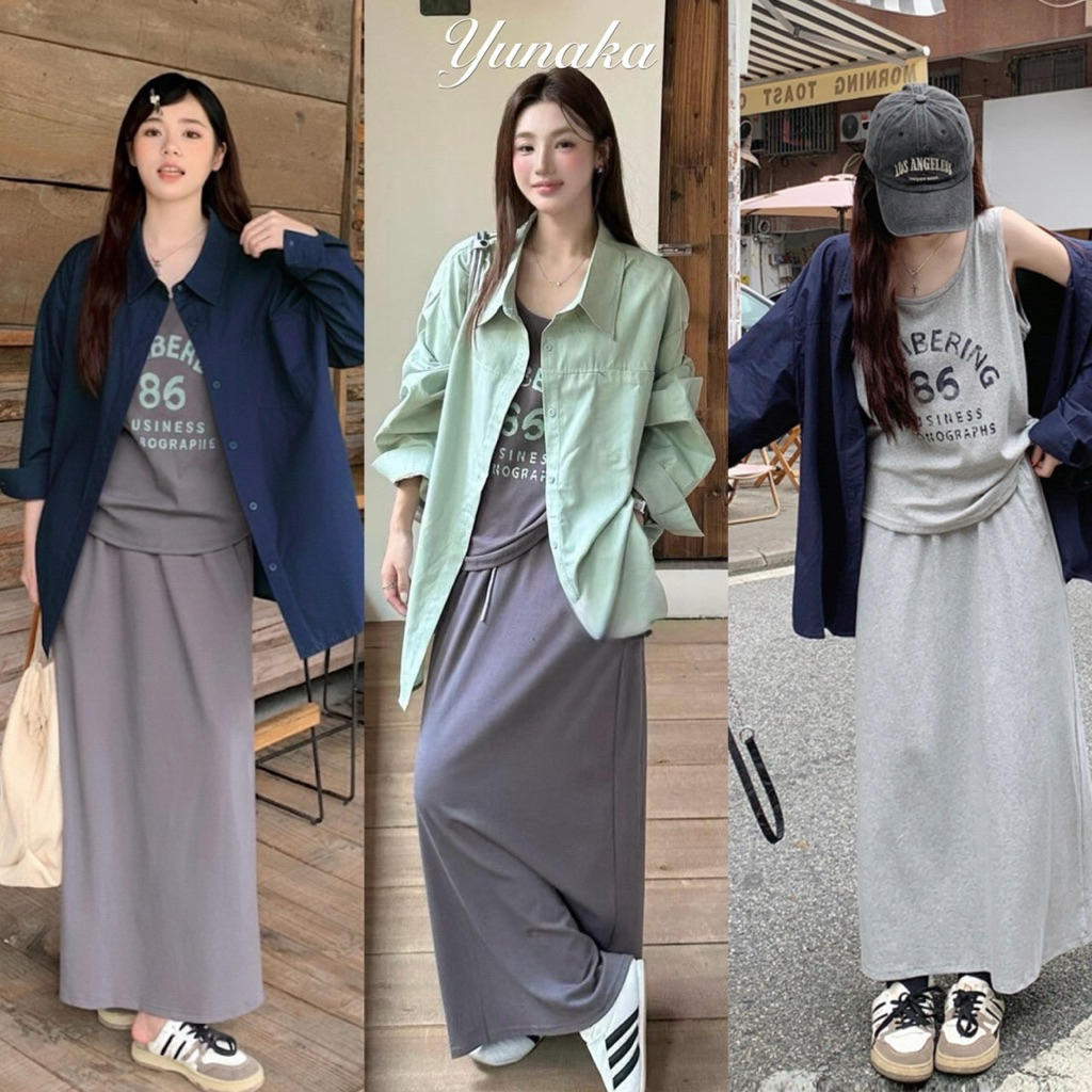 งานเซต 3 ชิ้น เสื้อแขนกุดสกรีนหน้า และเสื้อเชิ้ตแขนยาวกระดุมหน้า มากับกระโปรงทรงเอ