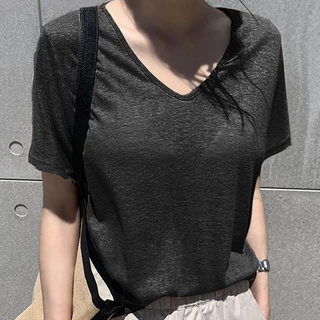 SuperCandy🌷เสื้อยืดผู้หญิงแขนสั้นคอกลม เนื้อผ้าฝ้ายป่าน+ไหมเทียม ทรงหลวมสบาย สวมใส่เย็นสบาย