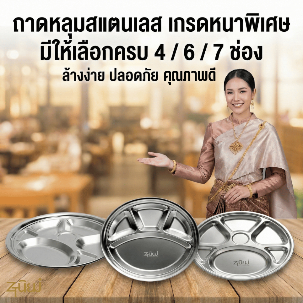 ถาดหลุม สแตนเลสอย่างหนา ถาดหลุมใส่อาหาร 4/6/7ช่อง แบบกลม มี 3ขนาด 30/32/35 ซม. ถาดอาหาร ถาดโรงเรียน