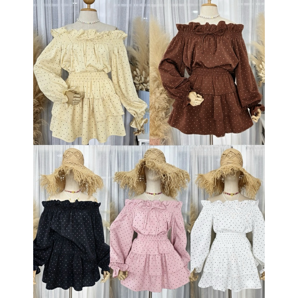 Polka Set เซ็ต 2 ชิ้นสุดคุ้ม เสื้อปาดไหล่+กระโปรง ราคา ถูกที่สุด ดีลบีเคเค แกลเลอรีภาพที่ 5
