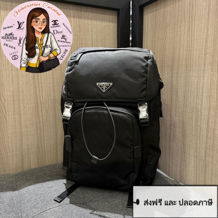 PRADA 2VZ135 กระเป๋าเป้สีดำ ไนลอนผสมผ้าใบ กระดุมเงิน มีกระเป๋าหน้า ปากรูด