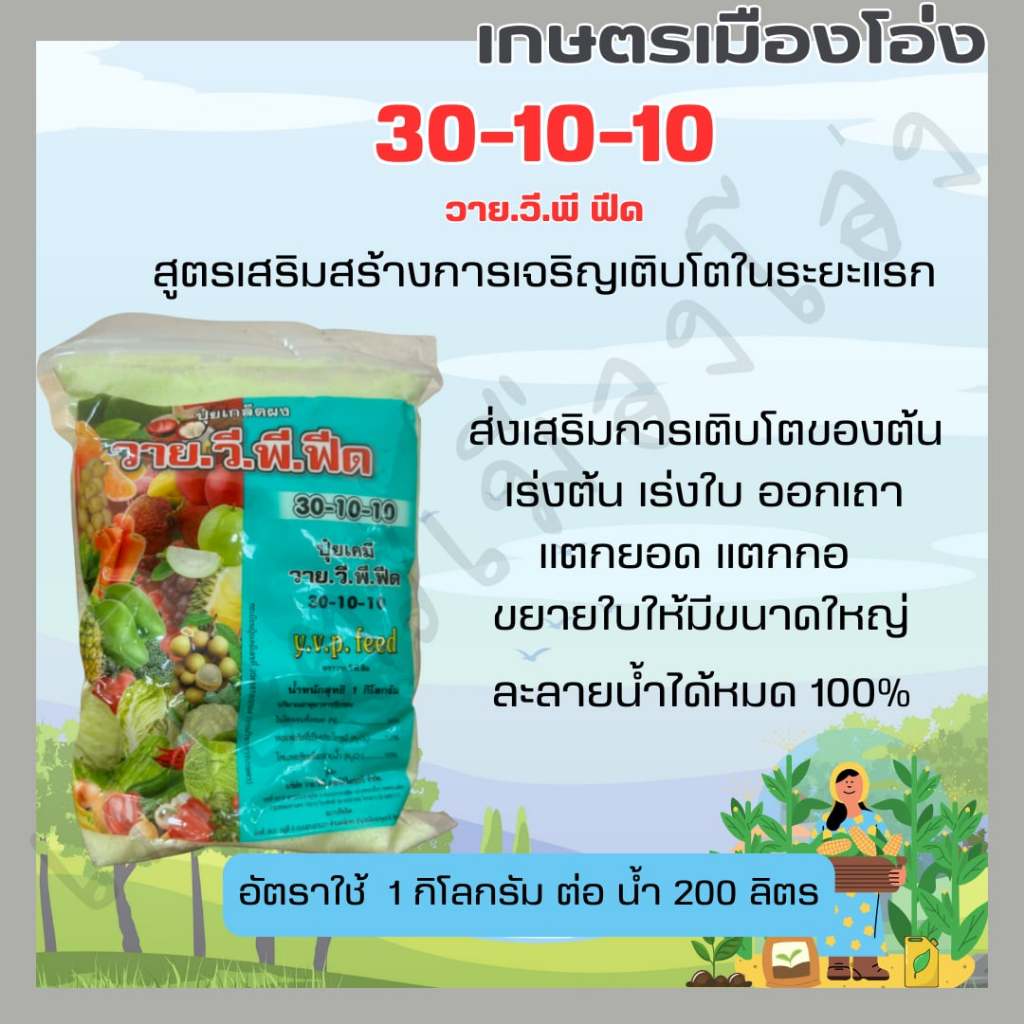 ปุ๋ยเกล็ด วาย.วี.พี.ฟีด (Y.V.P FEED) สูตร 30-10-10 สูตรบำรุงต้นใบ บรรจุ 1 กิโลกรัม