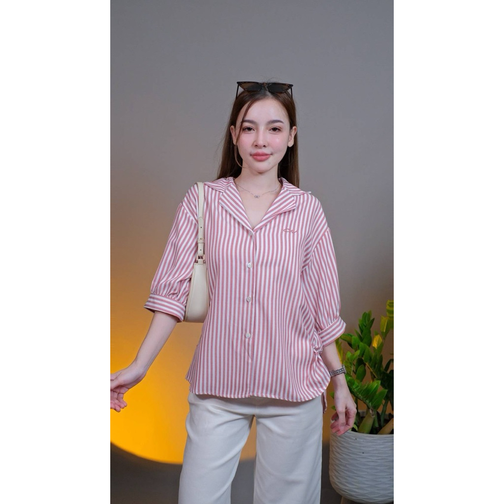 Chanan☘️เสื้อเชิ้ตแขนยาวคอปกลายริ้ว คอตตอนผสมลินิน ใส่สบาย ใส่ทำงาน ใส่ได้หลายโอกาว มี6สี รุ่นCN17