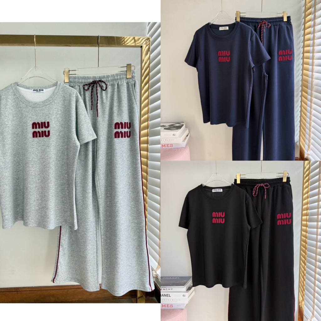 ชุดเซ็ท เสื้อแขนสั้น กางเกงขายาว แมชคู่งานติดอะไหล่ MiuMiu งานเก๋ ใส่สวยดูดี มีสไตล์มาก งานเป็นงานฟร