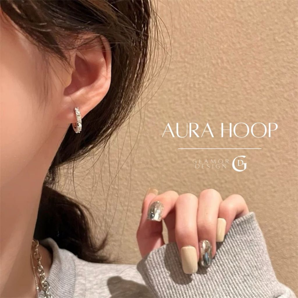 GLAMOR✨ต่างหูเงินแท้ Aura Hoop ต่างหูทรงเรขาคณิตประดับเพชรแวววาว ประดับเพชร เงินแท้925 ต่างหูผู้หญิง