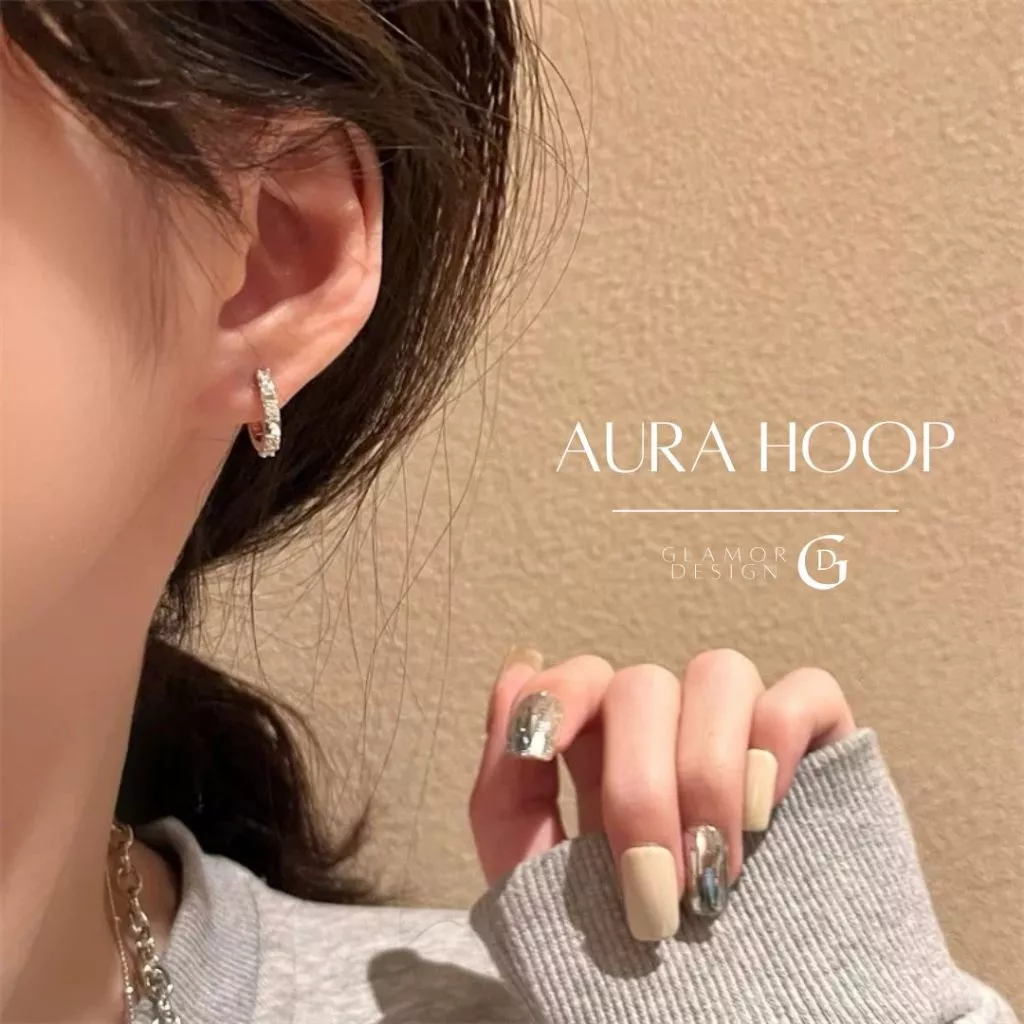 GLAMOR✨ต่างหูเงินแท้ Aura Hoop ต่างหูทรงเรขาคณิตประดับเพชรแวววาว ประดับเพชร เงินแท้925 ต่างหูผู้หญิง
